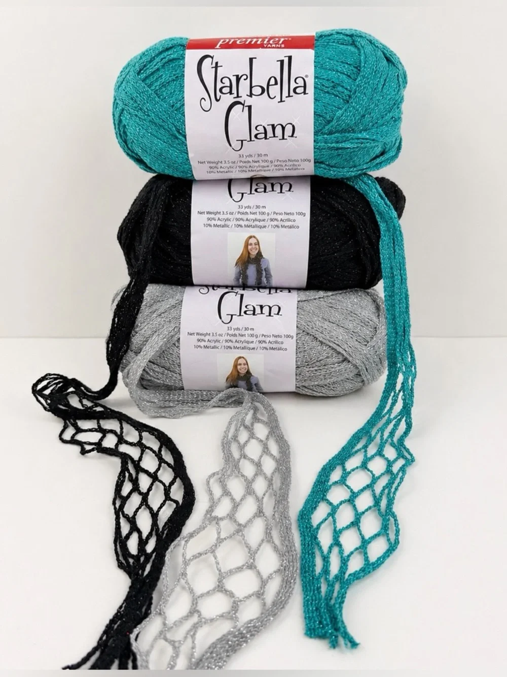 Premier Starbella Glam Yarn Lot of 3 Skeins Teal Black Silver Ruffle Scarf
